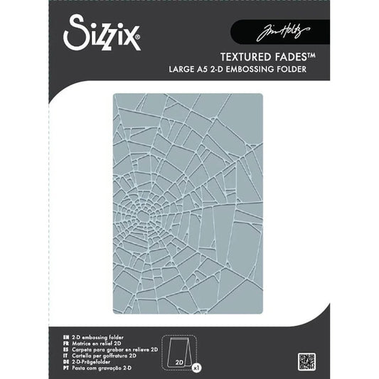 Cobweb - Large, A5 (6in x 8.5in) ... Texture Fades Embossing Folder ... by Tim Holtz and Sizzix (no.667247).  This fantastic design has many fine lines spiralling out from the centre left of the design into the shape of a spider web, complete with joins and corners. Designed to inspire creativity and making people smile!