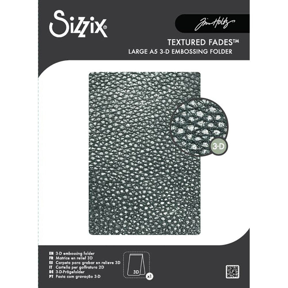 Cracked Leather - 3D Large, A5 (6in x 8.5in) ... Texture Fades Embossing Folder ... by Tim Holtz and Sizzix (no.667240). Create dimension and texture in your artwork using embossed designs on cards, journal pages, bookmaking, book covers, papercrafts and visual creative arts. Size : A5 (6" x 8 1/2", 15cm x 21.5cm). This versatile design is of a realistic texture and pattern of naturally aged leather or vellum. 