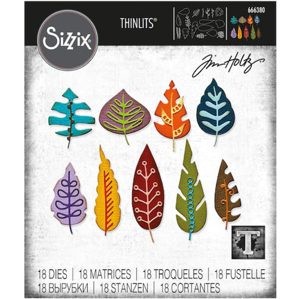 Artsy Leaves ... Thinlits Die Cutting Templates by Tim Holtz, made by Sizzix (no.666380). 9 (nine) leaf designs with 9 (nine) different midrib and vein patterns (18 pieces).   Grow a beautiful collage of leaves and foliage for your art. Add these wonderful patterns as leaves, wreaths, trees, plants, foliage and or sprigs to greeting cards, tags, off the page displays, cards, scrapbook pages, art journaling.