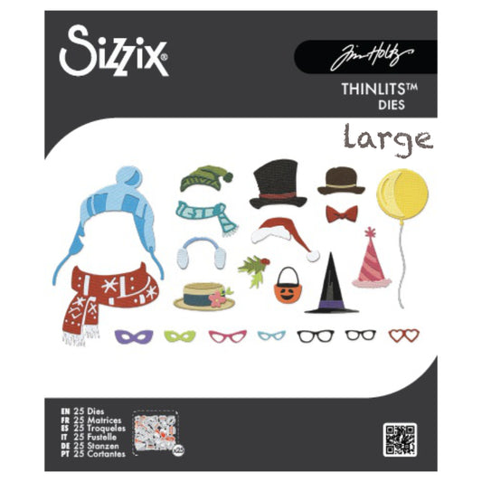 Accessories, Large - Sizzix Colorize Thinlits die cutting templates by Tim Holtz. Create fun colourful beanies, masks and more for your animals, birds, people and critters on pages, cards, tags, scrapbook pages, all kinds of excuses to make more art in any theme, colour, pattern or texture! The designs are from 5/8" x 3/4" to 3 3/8" x 2 3/4"&nbsp;in size (no.667219).