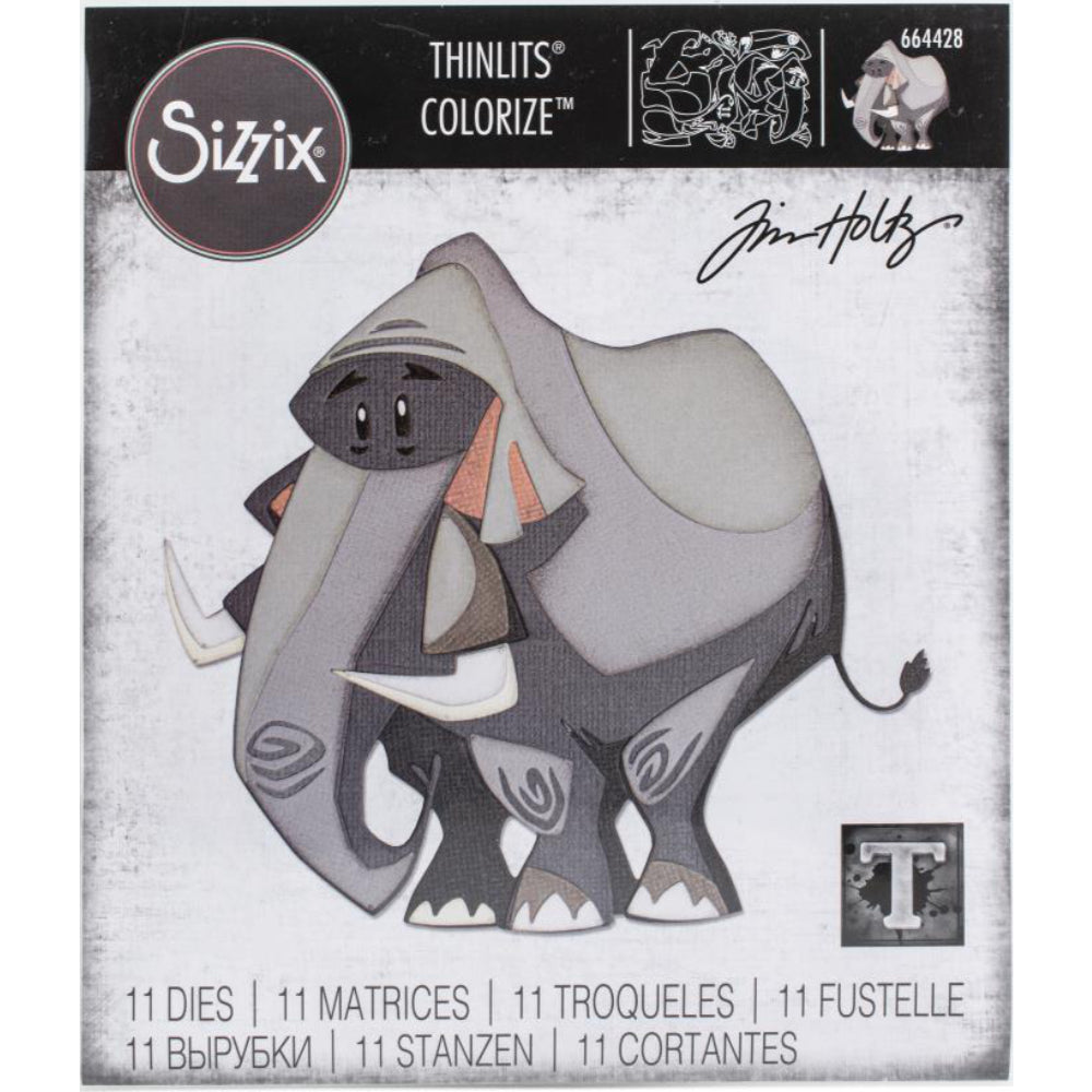 Clarence the Elephant, Large - Sizzix Colorize Thinlits die cutting templates by Tim Holtz. Create fun colourful animals for your pages, cards, tags, scrapbook pages, all kinds of excuses to make more art in any theme, colour, pattern or texture! This big whimsical elephant is approx 5 1/4" x 4 3/4" in size (no.664428).