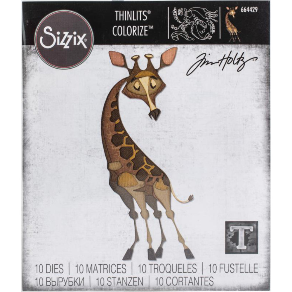 Gertrude the Giraffe, Large - Sizzix Colorize Thinlits die cutting templates by Tim Holtz. Create fun colourful animals for your pages, cards, tags, scrapbook pages, all kinds of excuses to make more art in any theme, colour, pattern or texture! This quite tall whimsical giraffe is approx 2 5/8" x 6" in size (no.664429).