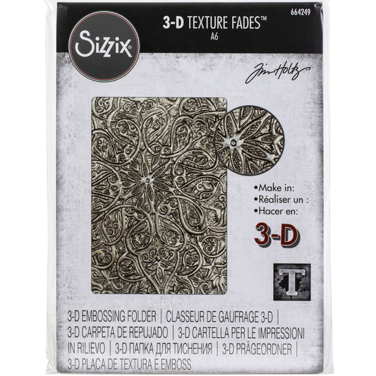 Engraved - 3D Texture Fades Embossing Folder ... by Tim Holtz and Sizzix (no.664249). Another amazing must have design from Tim, perfect for using to create dimensional tactile layers on cards, journal pages, bookmaking, book covers, papercrafts and visual arts.

This A6 sized embossing folder with a layered, dimensional pattern of a beautifully sculpted scrolls and lines covering the whole surface of the embossing folder. 