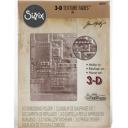 Foundry - 3D Texture Fades Embossing Folder ... by Tim Holtz and Sizzix (no.662717). Another amazing must have design from Tim, perfect for using to create dimensional tactile layers on cards, journal pages, bookmaking, book covers, papercrafts and visual arts.

This A6 sized embossing folder with a layered, panels inspired by metal plate with bolts and pop rivets covering the whole surface of the embossing folder.