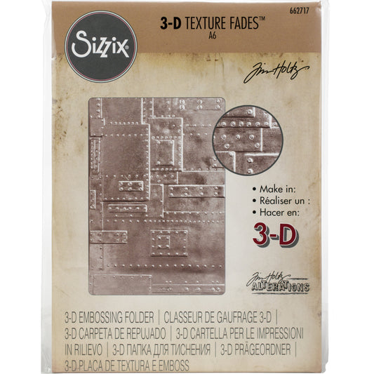 Foundry - 3D Texture Fades Embossing Folder ... by Tim Holtz and Sizzix (no.662717). Another amazing must have design from Tim, perfect for using to create dimensional tactile layers on cards, journal pages, bookmaking, book covers, papercrafts and visual arts.

This A6 sized embossing folder with a layered, panels inspired by metal plate with bolts and pop rivets covering the whole surface of the embossing folder.