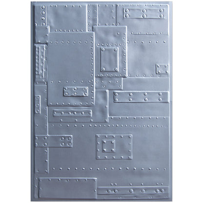 Foundry - 3D Texture Fades Embossing Folder ... by Tim Holtz and Sizzix (no.662717). Another amazing must have design from Tim, perfect for using to create dimensional tactile layers on cards, journal pages, bookmaking, book covers, papercrafts and visual arts.

This A6 sized embossing folder with a layered, panels inspired by metal plate with bolts and pop rivets covering the whole surface of the embossing folder.