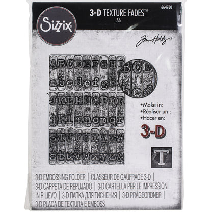 Typewriter - 3D Texture Fades Embossing Folder ... by Tim Holtz and Sizzix (no.664760). Another amazing must have design from Tim, perfect for using to create dimensional tactile layers on cards, journal pages, bookmaking, book covers, papercrafts and visual arts.&nbsp;

This A6 sized embossing folder has the alphabet in upper and lower case, designed to look like the lettering from an old fashioned typewriter, all similar sized font, set out in rows over the whole embossing folder. 