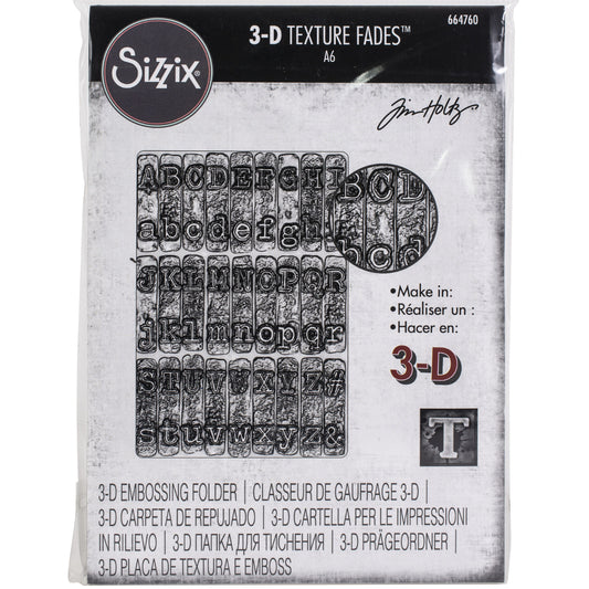 Typewriter - 3D Texture Fades Embossing Folder ... by Tim Holtz and Sizzix (no.664760). Another amazing must have design from Tim, perfect for using to create dimensional tactile layers on cards, journal pages, bookmaking, book covers, papercrafts and visual arts.&nbsp;

This A6 sized embossing folder has the alphabet in upper and lower case, designed to look like the lettering from an old fashioned typewriter, all similar sized font, set out in rows over the whole embossing folder. 