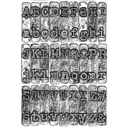 Typewriter - 3D Texture Fades Embossing Folder ... by Tim Holtz and Sizzix (no.664760). Another amazing must have design from Tim, perfect for using to create dimensional tactile layers on cards, journal pages, bookmaking, book covers, papercrafts and visual arts.&nbsp;

This A6 sized embossing folder has the alphabet in upper and lower case, designed to look like the lettering from an old fashioned typewriter, all similar sized font, set out in rows over the whole embossing folder. 