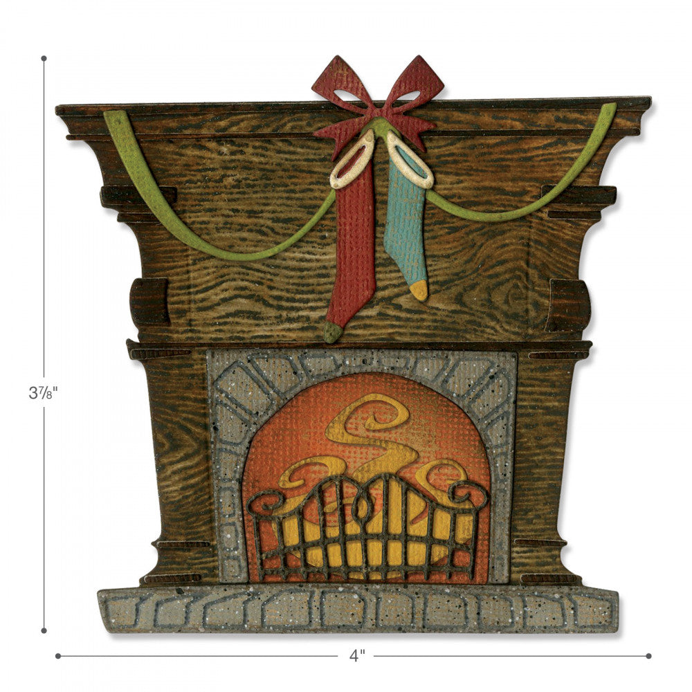Fireside - Sizzix Thinlits die cutting templates by Tim Holtz. A fireplace or fireside with mantlepiece, bow, stockings, fire, grate, and trimmings to cut out of paper, cardstock, lightweight fabric and more for journaling, bookmaking, papercrafts, visual arts and scrapbooking. 10 (ten) templates in total (no.664193).