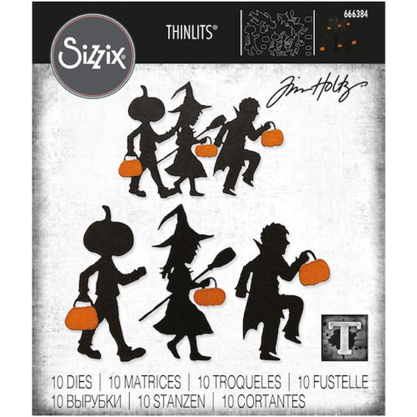 Halloween Night ... Thinlits Die Cutting Templates by Tim Holtz, made by Sizzix (no.666384). 10 (ten) designs to cut out silhouette people carrying brooms and pumpkins.  This fabulous trio (in two sizes for all kinds of sized makes) are dressed up as a pumpkinhead, a witch or wizard and a vampire (Dracula). A series of little pumpkin shapes are included to create a stack of vegetables, hanging lanterns, pumpkin pots, or layer over the silhouette children for their baskets.