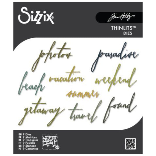 Handwritten Vacation - Sizzix Thinlits die cutting templates by Tim Holtz. Text based die cutting designs in wonderful freestyle handwriting with words for all kinds of excuses to create. 9 (nine) dies in total with sizes from 1/2" x 2" wide to 1 7/8" x 2 7/8" wide (no.661286) 
Words in this set are ... photos, paradise, beach, vacation, weekend, summer, getaway, travel, found. ... in a typestyle that has the look of being written by hand in a cursive script.