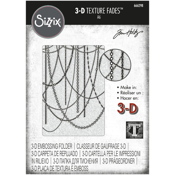 Sparkle - 3D Texture Fades Embossing Folder ... by Tim Holtz and Sizzix (no.666298).  Inspired by chandeliers, fine jewellery and hanging decorations, this beautiful pattern of linked chains in a variety of styles and sizes, are looped over the whole surface of the folder, created with different heights to give fabulous layered effects. Another amazing design from Tim, perfect for cards, journal pages, bookmaking, book covers, papercrafts and visual arts.