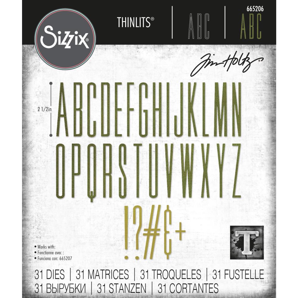 Alphanumeric Stretch - Upper Case, 2.5 inch tall (665206) by Tim Holtz and Sizzix - alphabet and punctuation die cutting templates to use in cardmaking, papercrafts, visual arts. The set includes 31 templates for the whole alphabet in uppercase (capital letters) and punctuation (! ? # &amp; +). Each letter is approx 2 1/2" tall.