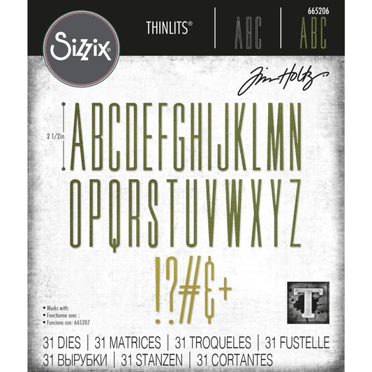 Alphanumeric Stretch - Upper Case, 2.5 inch tall (665206) by Tim Holtz and Sizzix - alphabet and punctuation die cutting templates to use in cardmaking, papercrafts, visual arts. The set includes 31 templates for the whole alphabet in uppercase (capital letters) and punctuation (! ? # &amp; +). Each letter is approx 2 1/2" tall.