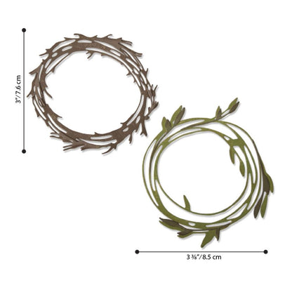Funky Wreaths ... Thinlits - Die Cutting Templates by Tim Holtz and Sizzix (prodoct id 664434).

Imagine adding many layers into your project with ease! Create depth, colour variations and 3D elements without spending hours fussy cutting with scissors.

This set features two different kinds of wreaths, rings of branches, leaves and twigs!