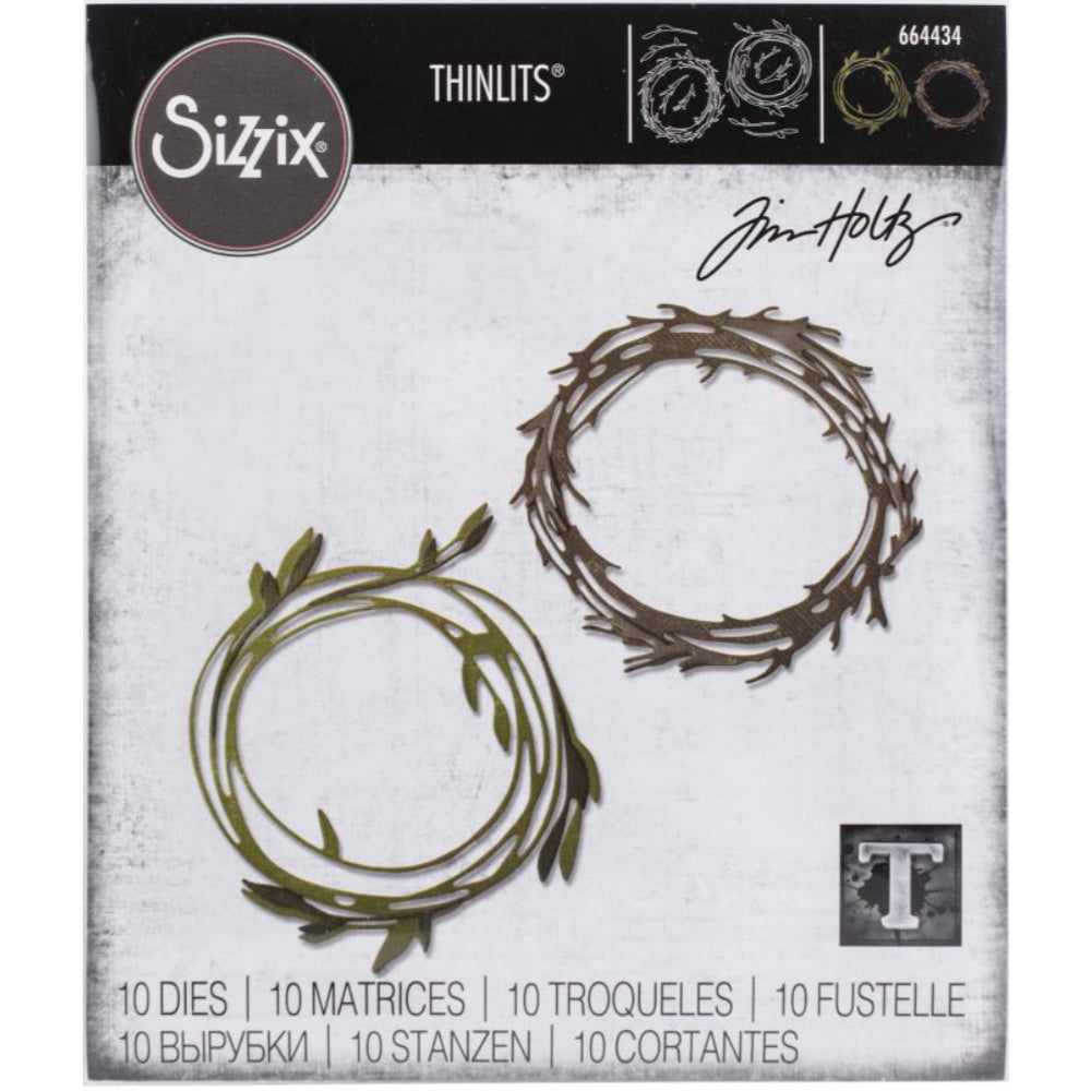 Funky Wreaths ... Thinlits - Die Cutting Templates by Tim Holtz and Sizzix (prodoct id 664434).

Imagine adding many layers into your project with ease! Create depth, colour variations and 3D elements without spending hours fussy cutting with scissors.

This set features two different kinds of wreaths, rings of branches, leaves and twigs!