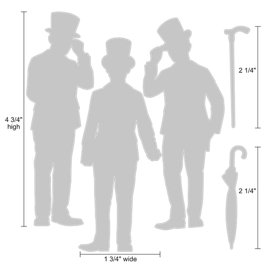 Gentlemen - Sizzix Thinlits die cutting templates by Tim Holtz. Use these three gents and their brolly and walking-cane to create layered dimensional makes out of paper, cardstock, lightweight fabric and more for journaling, bookmaking, papercrafts, visual arts and scrapbooking. 5 (five) templates of silhouette people wearing top hats in various poses with 1 walking stick and 1 folded up umbrella (no.666286). Image of the templates with sizing.