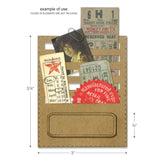 sizes of Stitched Slots - Sizzix Thinlits die cutting templates by Tim Holtz. 2 (two) dies for a pocket overlay and label (no.662697).   This set includes a large Thinlit/Framelit template that will cut out a good sized rectangle with cutout sections and stitched edging as well as a smaller label with bevelled edges and mitred corners. 