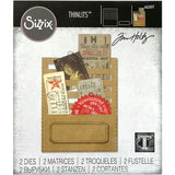 Stitched Slots - Sizzix Thinlits die cutting templates by Tim Holtz. 2 (two) dies for a pocket overlay and label (no.662697).   This set includes a large Thinlit/Framelit template that will cut out a good sized rectangle with cutout sections and stitched edging as well as a smaller label with bevelled edges and mitred corners. 