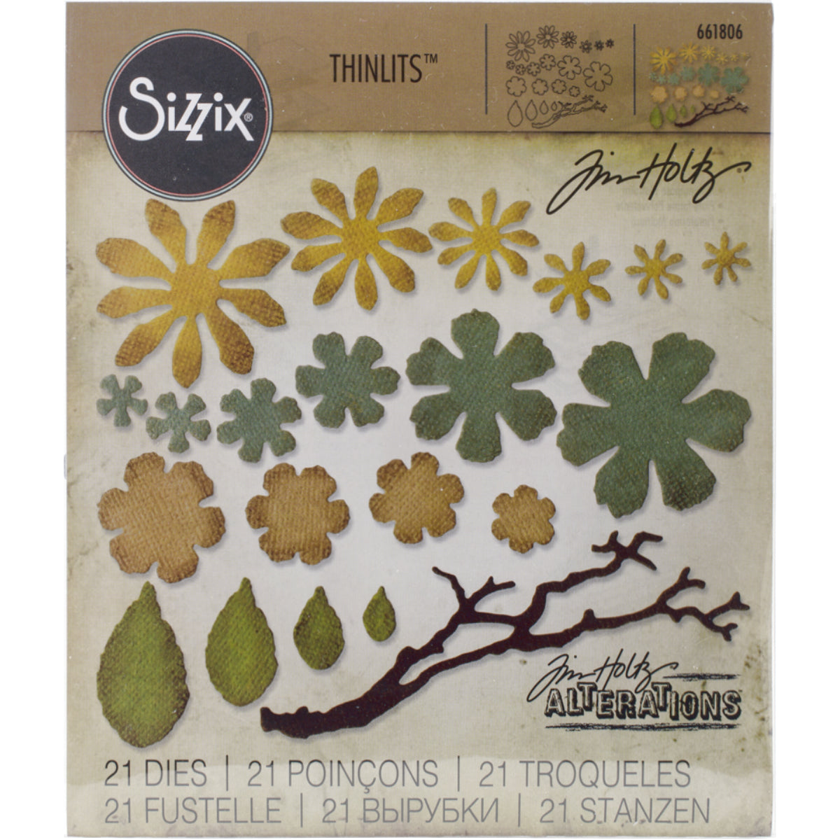 Small Tattered Florals ... Thinlits - Die Cutting Templates by Tim Holtz and Sizzix (no. 661806). 21 (twenty one) dies for cutting out layered flower petals, leaves and a branch.

Grow flowers with multiple petals and leaves, give them shape using tools and a foam mat, and cluster together on the branch or make stems. Make all kinds of flowers in a rainbow of colours to create a painting, make a card, grow a garden, whatever you wish!