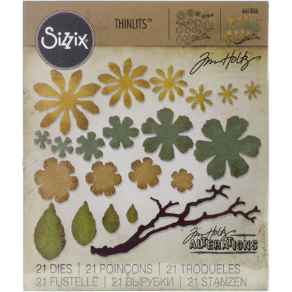 Small Tattered Florals ... Thinlits - Die Cutting Templates by Tim Holtz and Sizzix (no. 661806). 21 (twenty one) dies for cutting out layered flower petals, leaves and a branch.

Grow flowers with multiple petals and leaves, give them shape using tools and a foam mat, and cluster together on the branch or make stems. Make all kinds of flowers in a rainbow of colours to create a painting, make a card, grow a garden, whatever you wish!