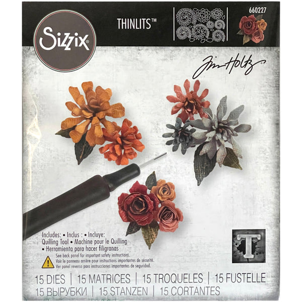 Tiny Tattered Florals plus free Quilling Tool - Sizzix Thinlits die cutting templates by Tim Holtz. 15 (fifteen) dies to create miniature paper flowers (no.660227).   This set includes a variety of spiral flower templates to create an abundance of beautiful little dimensional paper flowers of roses, chrysanthemums and other pretties. Specially designed for making fast and easy dimensional flowers using the handy quilling tool. 
