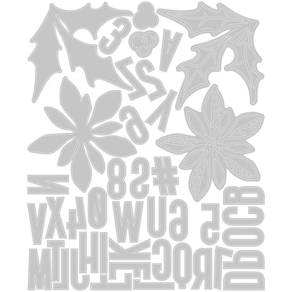 Seasonal Sketch - from the Vault ... Thinlits Die Cutting Templates by Tim Holtz, made by Sizzix (no.666719). These designs cut out an alphabet (uppercase condensed typeface with numbers and hashtag) and two Christmas themed foliage (poinsettia and holly). Image showing all the templates.