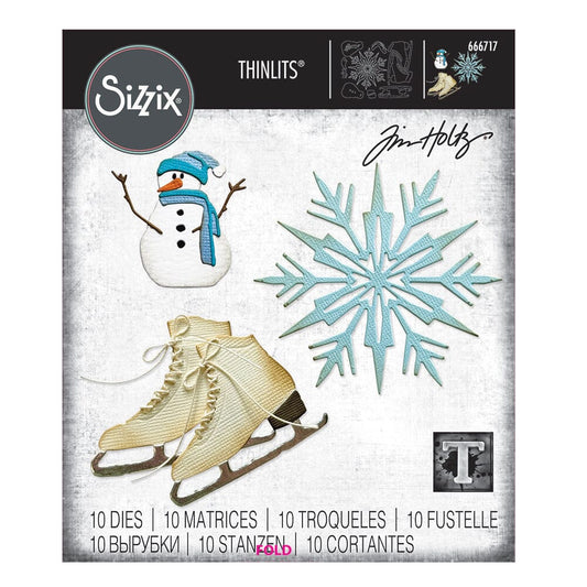 Winter Wishes - from the Vault ... Thinlits Die Cutting Templates by Tim Holtz, made by Sizzix (no.666717). These designs cut out a little snowman with scarf, arms, hat and carrot nose, plus a beautiful snowflake and a detailed pair of vintage ice skates.