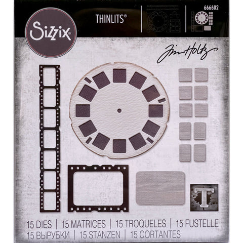 Picture Show - from the Vault ... Thinlits Die Cutting Templates by Tim Holtz, made by Sizzix (no.666602). Brought back to life by Tim and Sizzix, these vintage designs have been reimagined as Thinlits die cutting templates for art and creativity. These designs cut out various pieces relating to photography, film making and framing. A long film strip, vintage picture wheel, a slide or single negative film strip, plus various squares and rectangles to match.