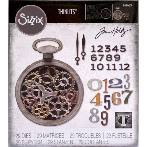 Watch Gears - from the Vault ... Thinlits Die Cutting Templates by Tim Holtz, made by Sizzix (no.666603). These designs cut out a pocket watch, clock hands, various cogs and inner workings of a watch or clock plus 2 sets of numerals or numbers (one set san serif style, one set varied in style and size). Brought back to life by Tim and Sizzix, these vintage designs have been reimagined as Thinlits die cutting templates for art and creativity.