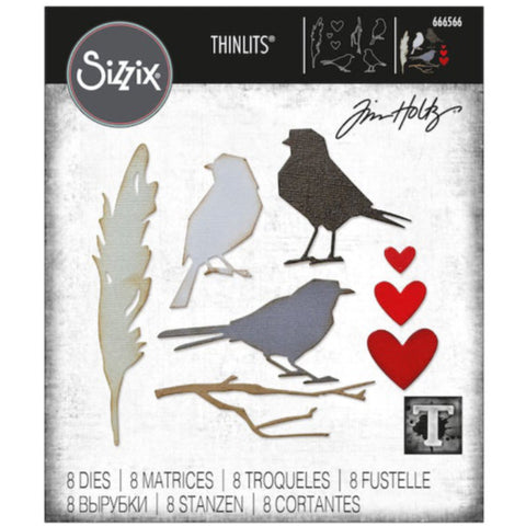Love Birds - from the Vault Thinlits Die Cutting Templates by Tim Holtz, made by Sizzix (no.666566). These designs cut out three birds, a branch, feather and trio of hearts. Add these versatile designs to greeting cards, tags, off the page displays, cards, scrapbook pages, art journaling, all kinds of visual arts and papercrafts - use wherever and however you wish :)