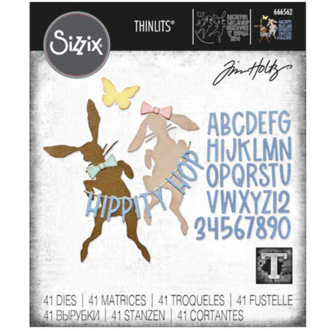 Hippity Hop - from the Vault Thinlits Die Cutting Templates by Tim Holtz, made by Sizzix (no.666562). These designs cut out 2 adorable rabbits (bunnies, hares), a piece of string and an alphabet (modern narrow sans serif, uppercase with numerals). Add these wonderful and versatile designs to greeting cards, tags, off the page displays, cards, scrapbook pages, art journaling, all kinds of visual arts and papercrafts.