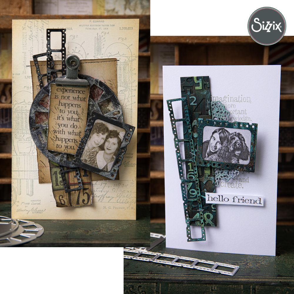 cards made by Sizzix  - using Picture Show - from the Vault ... Thinlits Die Cutting Templates by Tim Holtz and Sizzix (no.666602). Brought back to life by Tim and Sizzix, these vintage designs have been reimagined as in a different size for art and creativity. These designs cut out various pieces relating to photography, film making and framing. A long film strip, vintage picture wheel, a slide or single negative film strip, plus various squares and rectangles to match.