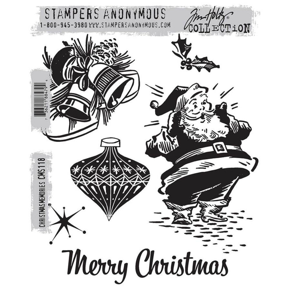 Christmas Memories ... Cling Stamp Set by Tim Holtz and Stampers Anonymous (cms118). These wonderful designs include retro vintage imagery of ringing bells amongst pine cones, ribbons and leaves, a sprig of holly, sparkly star, beautiful shaped bauble, singing Santa Claus (St Nick, Father Christmas) and greeting in a beautiful script 'Merry Christmas'.