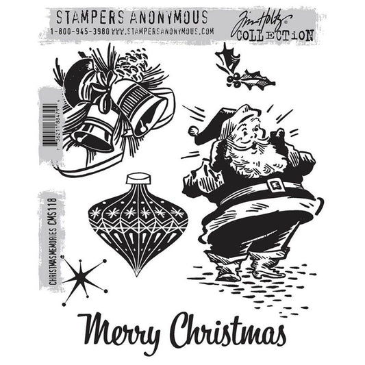Christmas Memories ... Cling Stamp Set by Tim Holtz and Stampers Anonymous (cms118). These wonderful designs include retro vintage imagery of ringing bells amongst pine cones, ribbons and leaves, a sprig of holly, sparkly star, beautiful shaped bauble, singing Santa Claus (St Nick, Father Christmas) and greeting in a beautiful script 'Merry Christmas'.