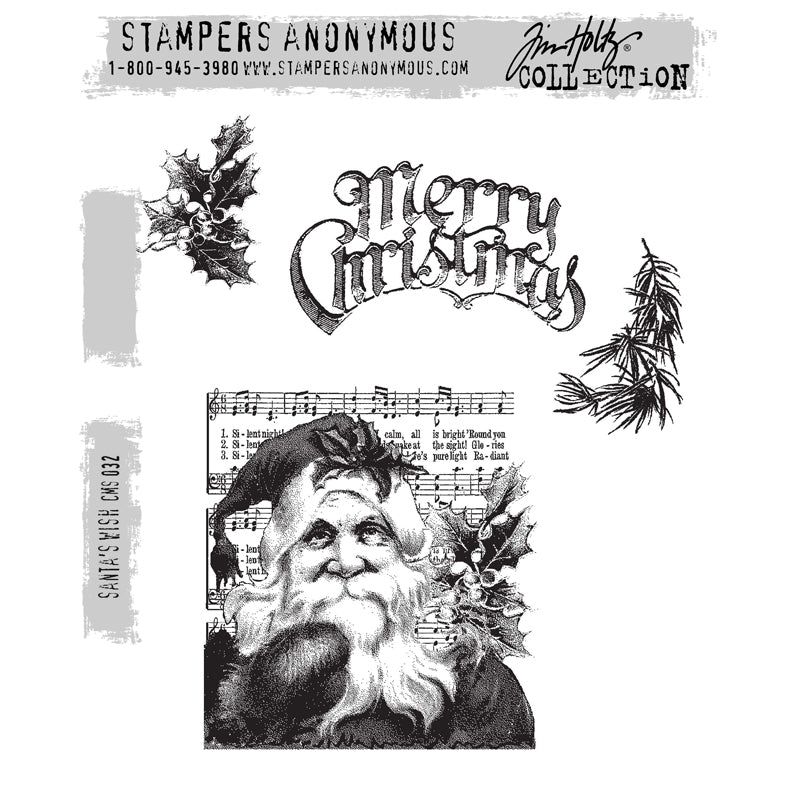 Santa's Wish ... red rubber stamp set by Tim Holtz and Stampers Anonymous (CMS032). Holly, pinetree frond, greeting, Santa over sheet music.&nbsp;Perfect for making junk journals, accordion booklets, ATCs and cards, journal pages, scrapbooking, art, postcards, tags, mixed media and other crafty papercrafts. 4 (four) designs.

This set has vintage styled Merry Christmas greeting, curved and in a calligraphic typeface