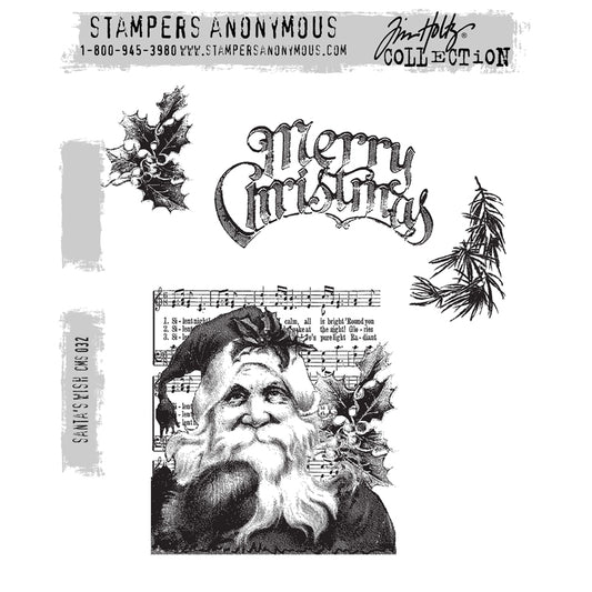Santa's Wish ... red rubber stamp set by Tim Holtz and Stampers Anonymous (CMS032). Holly, pinetree frond, greeting, Santa over sheet music.&nbsp;Perfect for making junk journals, accordion booklets, ATCs and cards, journal pages, scrapbooking, art, postcards, tags, mixed media and other crafty papercrafts. 4 (four) designs.

This set has vintage styled Merry Christmas greeting, curved and in a calligraphic typeface