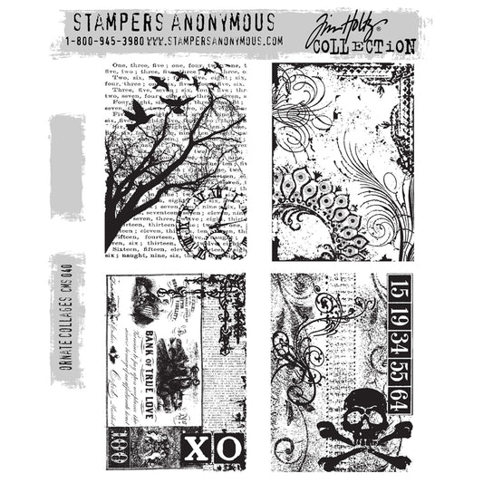 Ornate Collages ... by Tim Holtz and Stampers Anonymous (CMS040). Four scenes with a vintage overlaid imagery featuring birds flying over wild background, intricate swirls and corners, rustic swirls with skull and crossbones, card for bank of true love. Set includes 4 (four) rubber stamps for creating art, cards, tags, mixed media, journaling, visual arts and papercrafts.

Tim Holtz Stamps 'Ornate Collages' includes four designs in a beautiful rustic distressed collage style 