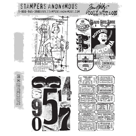 Classic Collages ... by Tim Holtz and Stampers Anonymous (CMS041). Four scenes with a vintage sewing pattern, hotel Savoie with singing bellhop, block of numerals, block of theatre tickets. Set includes 4 (four) rubber stamps for creating art, cards, tags, mixed media, journaling, visual arts and papercrafts. Tim Holtz Stamps 'Classic Collages' includes four designs in a beautiful rustic distressed collage overlay of imagery style.