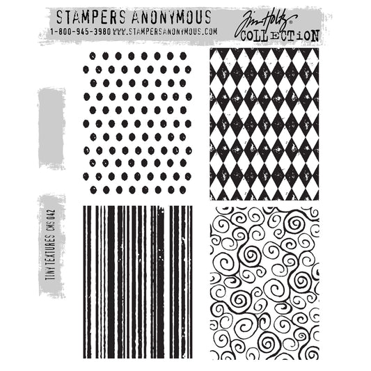Tiny Textures ... by Tim Holtz and Stampers Anonymous (cms042). Patterned background imagery featuring polka dots, harlequin diamonds, distressed stripes, inky spirals.&nbsp;Set includes 4 (four) rubber stamps for creating art, cards, tags, mixed media, journaling, visual arts and papercrafts. Tim Holtz Stamps 'Tiny Textures' includes four designs - rows of spots (all the same size, 3mm), harlequin style diamond check pattern, distressed stripes, finely drawn wild inky spirals.