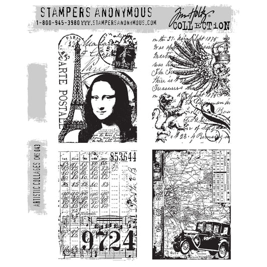 Artistic Collages ... by Tim Holtz and Stampers Anonymous (CMS043). Four scenes with a vintage overlaid imagery featuring a Mona Lisa inspired portrait with Paris postmarks, a regal lion with crown and wings, vintage car and map, ledger page with sheet music. Set includes 4 (four) rubber stamps for creating art, cards, tags, mixed media, journaling, visual arts and papercrafts. 