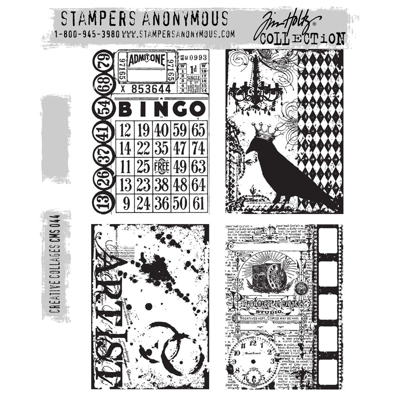 Creative Collages ... by Tim Holtz and Stampers Anonymous (CMS044). Four scenes with a vintage overlaid imagery featuring bingo cards, bird wearing a crown with chandelier, photographer sign with film and clockface, inky artist card. Set includes 4 (four) rubber stamps for creating art, cards, tags, mixed media, journaling, visual arts and papercrafts. Tim Holtz Stamps 'Creative Collages' includes four designs in a beautiful rustic distressed collage style 