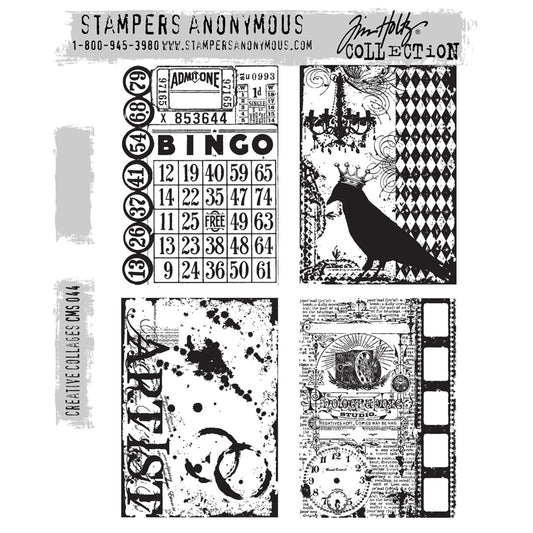 Creative Collages ... by Tim Holtz and Stampers Anonymous (CMS044). Four scenes with a vintage overlaid imagery featuring bingo cards, bird wearing a crown with chandelier, photographer sign with film and clockface, inky artist card. Set includes 4 (four) rubber stamps for creating art, cards, tags, mixed media, journaling, visual arts and papercrafts. Tim Holtz Stamps 'Creative Collages' includes four designs in a beautiful rustic distressed collage style 