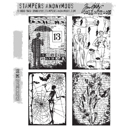 Eclectic Collages ... by Tim Holtz and Stampers Anonymous (CMS045). Four scenes with a vintage overlaid imagery featuring the Umbrella Man with birds on a wire, dance card, butterfly with collaged text, dancing skeleton with cobwebs and bats. Set includes 4 (four) rubber stamps for creating art, cards, tags, mixed media, journaling, visual arts and papercrafts 

Tim Holtz Stamps 'Eclectic Collages' includes four designs in a beautiful rustic distressed collage style 