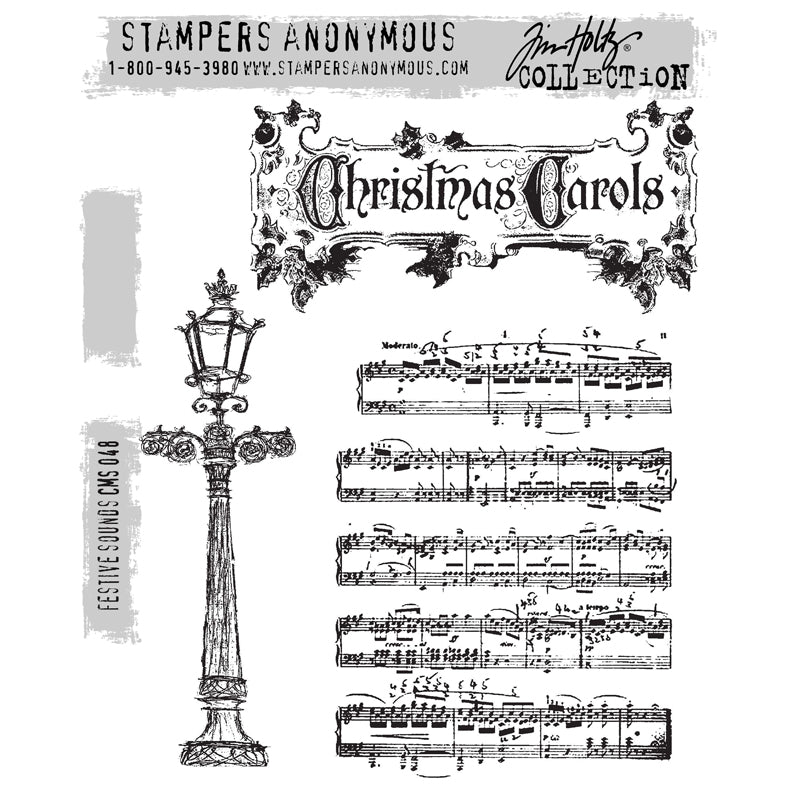 Festive Sounds ... red rubber stamp set by Tim Holtz and Stampers Anonymous (cms048). Sheet music, Christmas Carols ornate banner and beautiful vintage street light. Designs for creating junk journals, accordion booklets, ATCs and cards, journal pages, scrapbooking, art, postcards, tags, mixed media and other crafty papercrafts. 3 (three) designs.

Beautiful old fashioned street light or lamp-post, a Christmas carol banner and a background stamp of sheet music complete with notations.