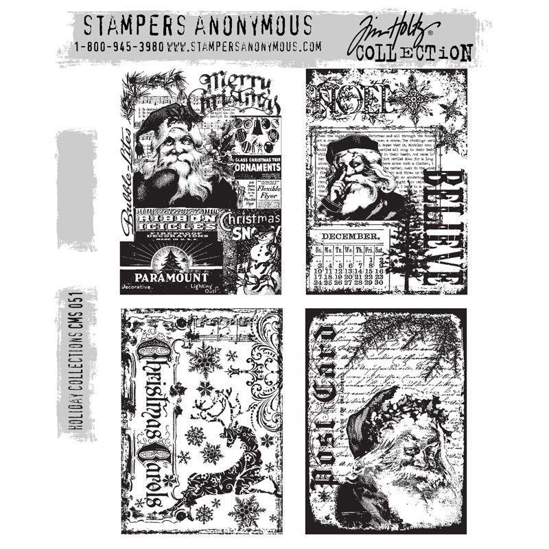 Holiday Collections ... red rubber stamp set by Tim Holtz and Stampers Anonymous (CMS051). Vintage styles and imagery overlaid in four unique collage designs. Perfect for making junk journals, accordion booklets, ATCs and cards, journal pages, scrapbooking, art, postcards, tags, mixed media and other crafty papercrafts. 4 (four) designs.

This set has four panels of artwork, each with vintage imagery of Christmas and festive designs, overlaid in a collage style, perfect for quick cards, ATCs and more.