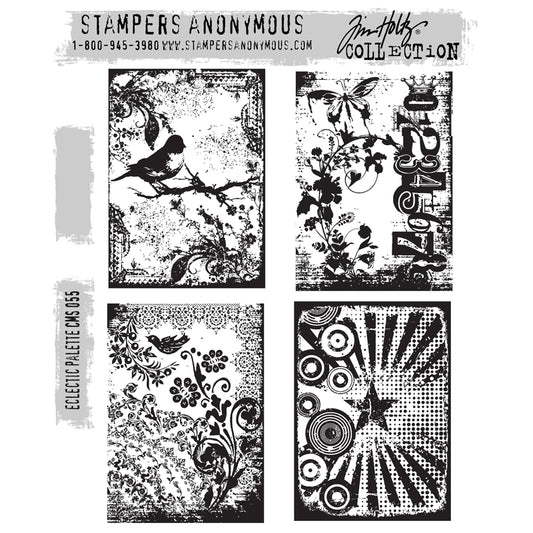 Eclectic Palette ... by Tim Holtz and Stampers Anonymous (CMS055). Four scenes with a butterfly, birds, florals, laces, stars, distressed elements. Set includes 4 (four) rubber stamps for creating art, cards, tags, mixed media, journaling, visual arts and papercrafts. 
Tim Holtz Stamps 'Eclectic Palette' includes four designs in a beautiful rustic distressed collage style.