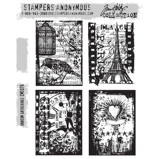 Random Gatherings ... by Tim Holtz and Stampers Anonymous (CMS076). Four scenes with a vintage overlaid imagery featuring ornate bird, sheet music and cage, the Eiffel Tower and Paris collage, Rockstar heart with cityscape, circus elements with strongman and clowns (friendly ones). Set includes 4 (four) rubber stamps for creating art, cards, tags, mixed media, journaling, visual arts and papercrafts. Tim Holtz Stamps 'Random Gatherings' includes four designs in a beautiful rustic distressed collage style