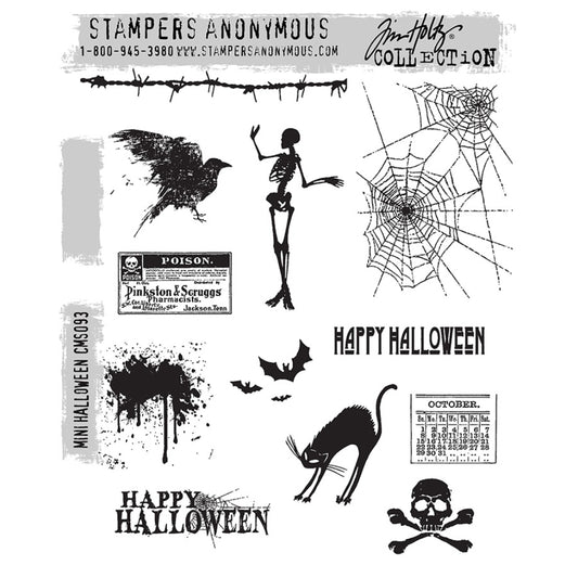 Mini Halloween (set 1) ... by Tim Holtz and Stampers Anonymous (cms093). Set includes 12 (twelve) deeply etched red rubber art stamps with designs for creating fun greeting cards, journal pages, scrapbooking, art, postcards, tags, mixed media, visual arts and papercrafts.

Create some spooktacularly fun makes with these designs of a cat, skeleton, crow / raven, labels, splatters, bats, cobwebs, skull and crossbones, spiky wire.